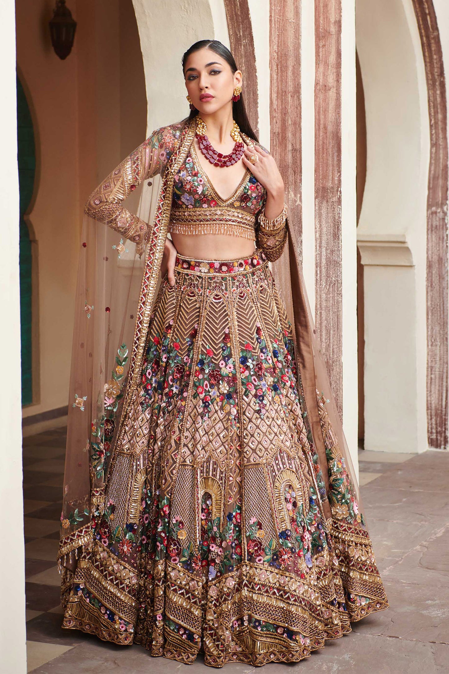 BROWN AND GOLD ARSIA BRIDAL LEHENGA SET