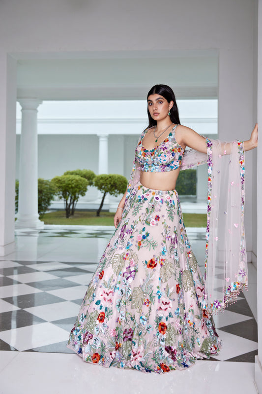 SOFT PINK MULTI COLOUR LEHENGA BLOUSE DUPATTA
