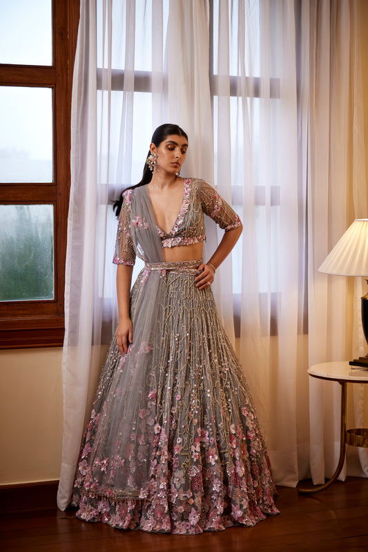 GREY PINK LEHANGA BLOUSE DUPATTA