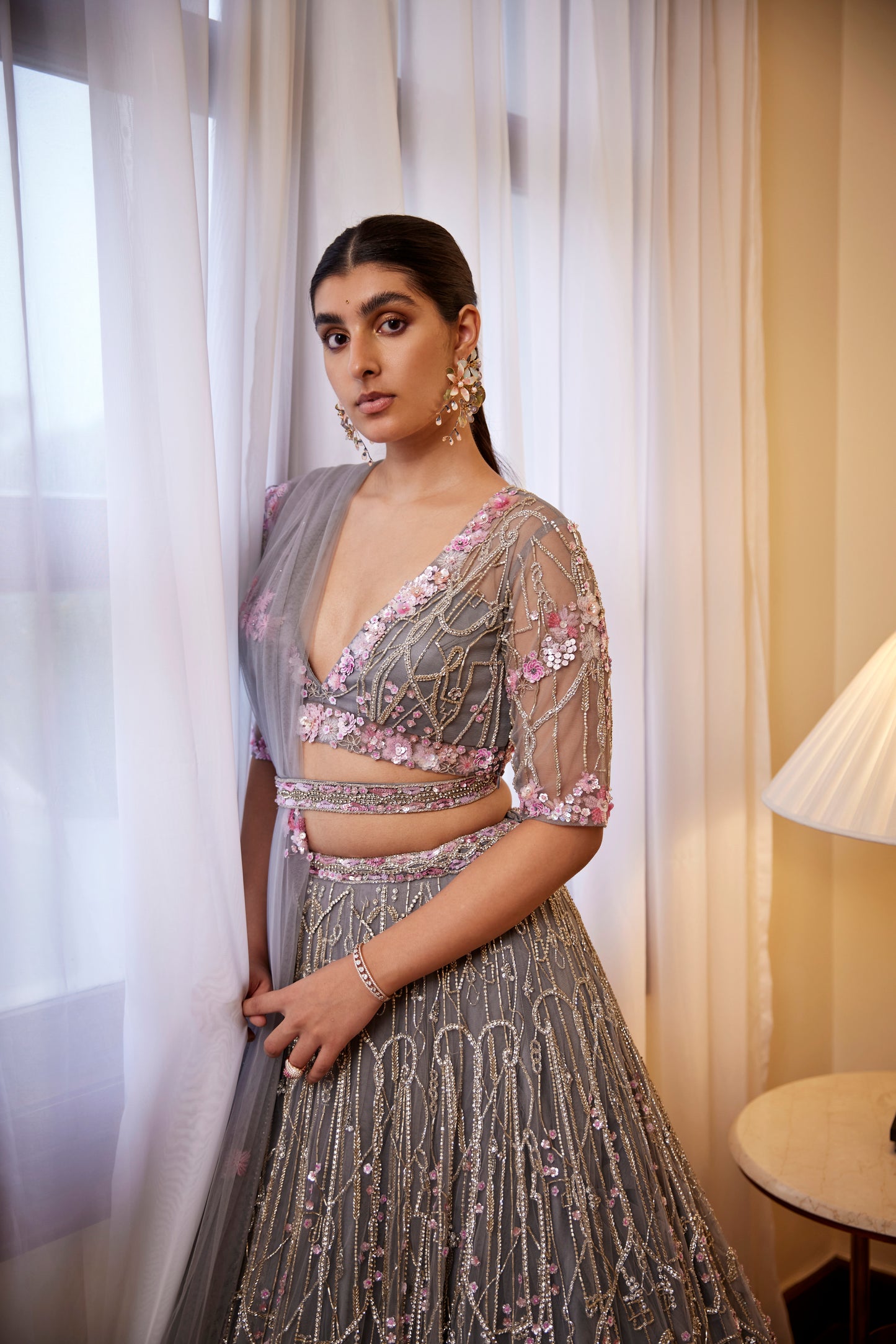 GREY PINK LEHANGA BLOUSE DUPATTA