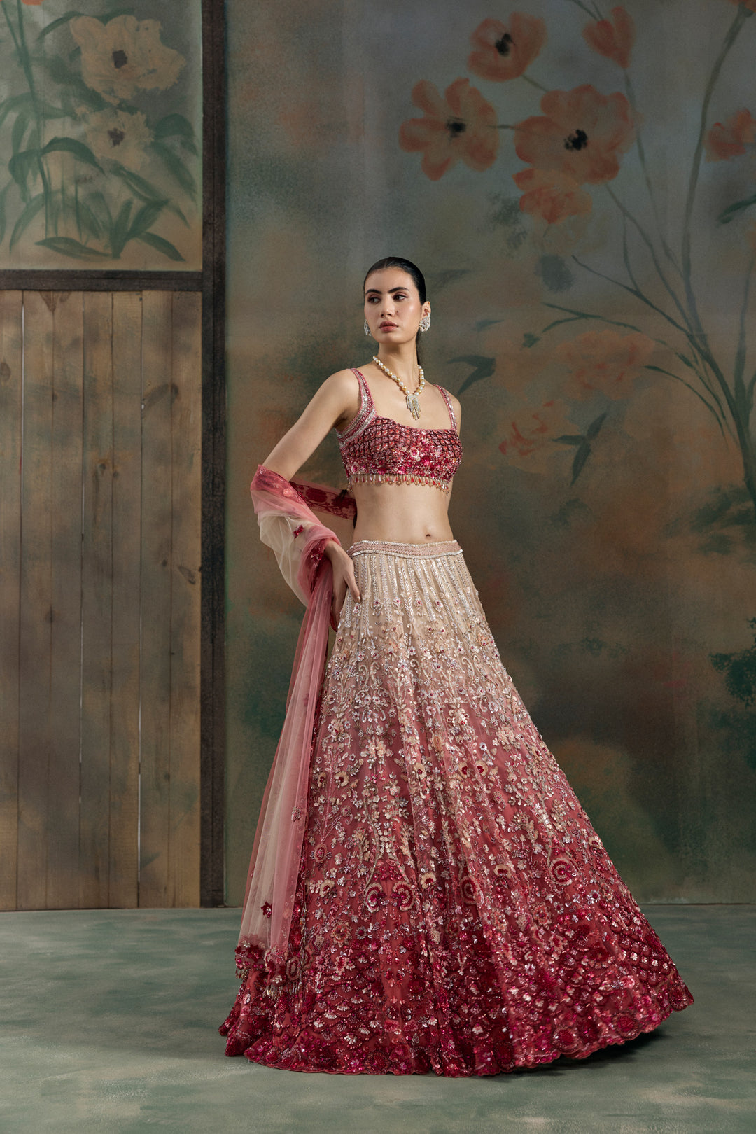 RED PEACH OMBRE VELORA LEHENGA SET