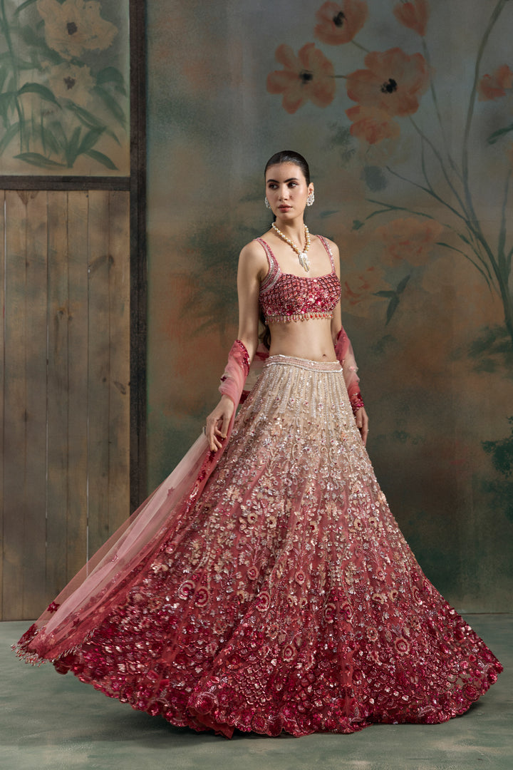 RED PEACH OMBRE VELORA LEHENGA SET