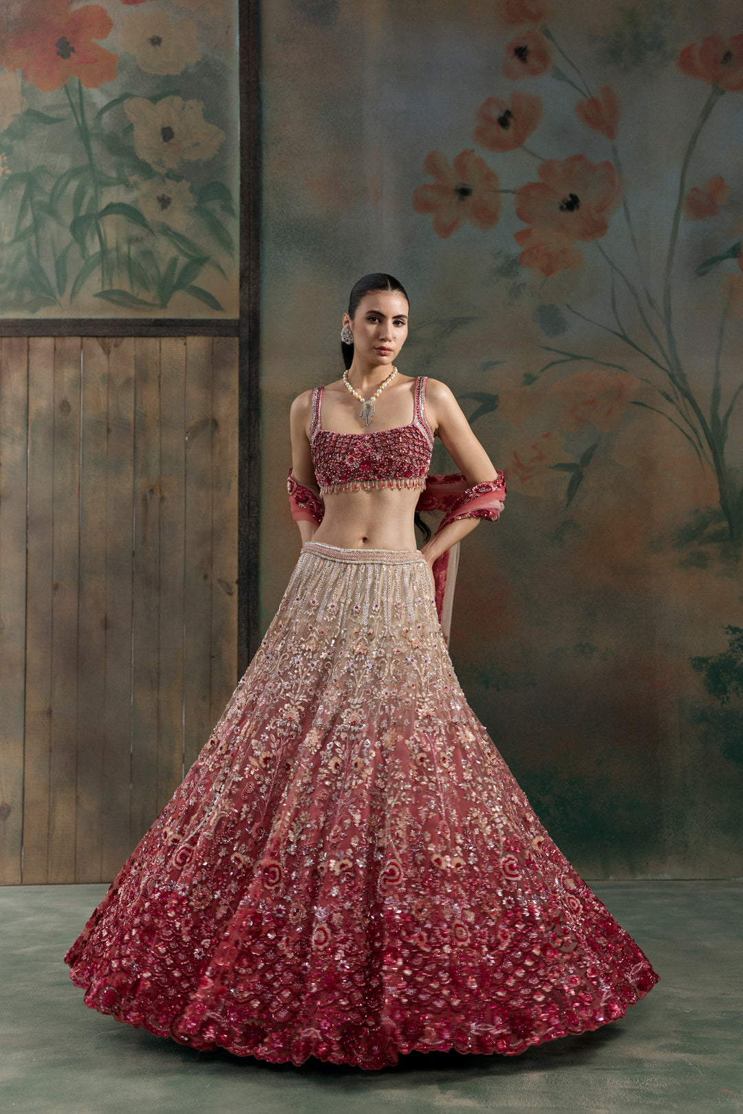 RED PEACH OMBRE VELORA LEHENGA SET