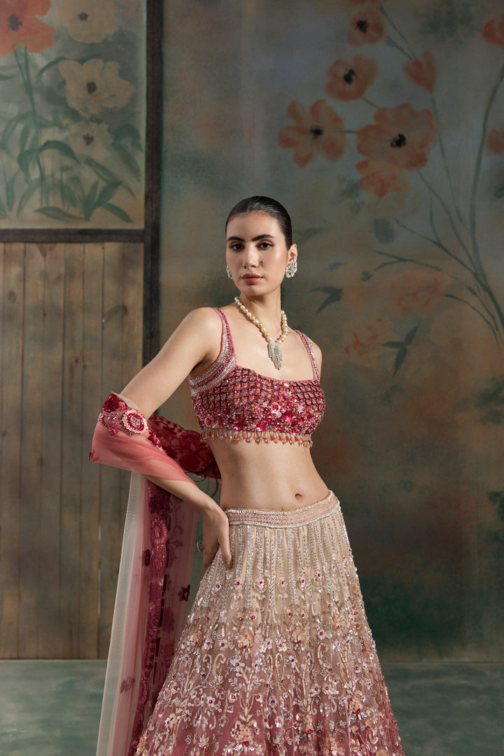 RED PEACH OMBRE VELORA LEHENGA SET