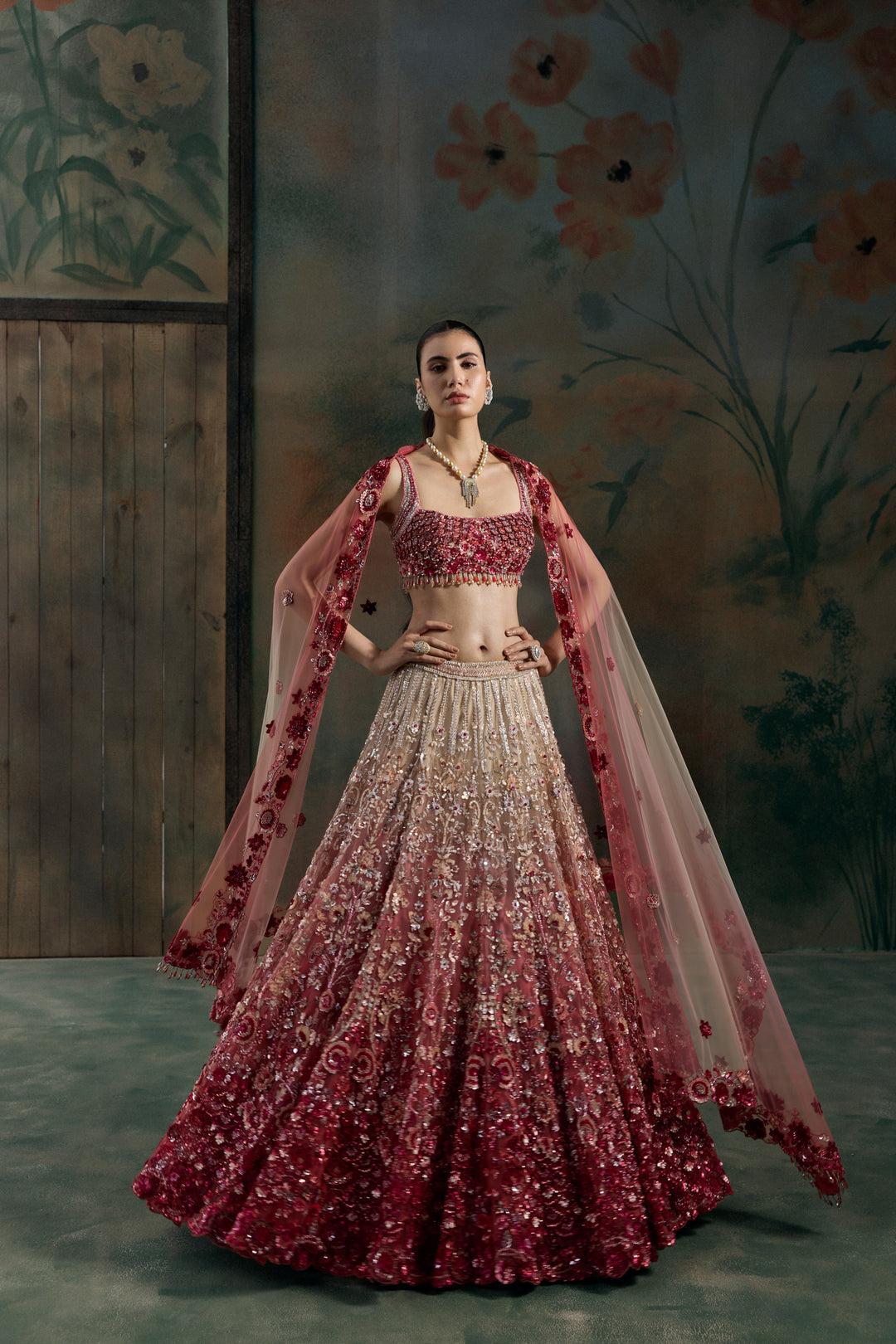 RED PEACH OMBRE VELORA LEHENGA SET