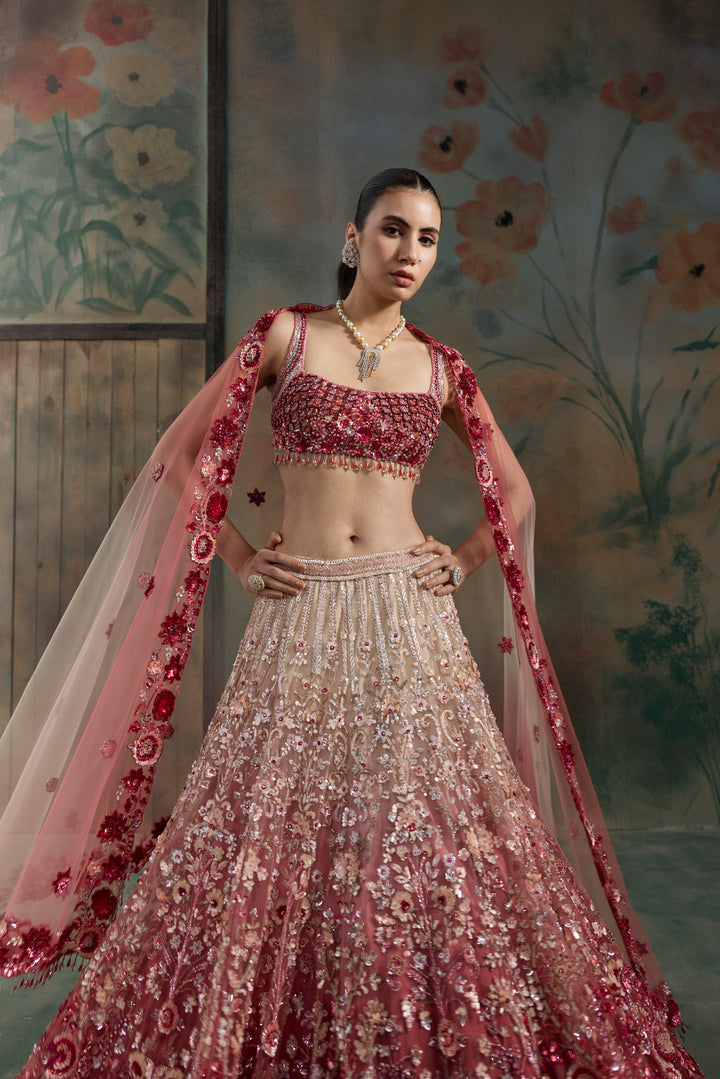 RED PEACH OMBRE VELORA LEHENGA SET