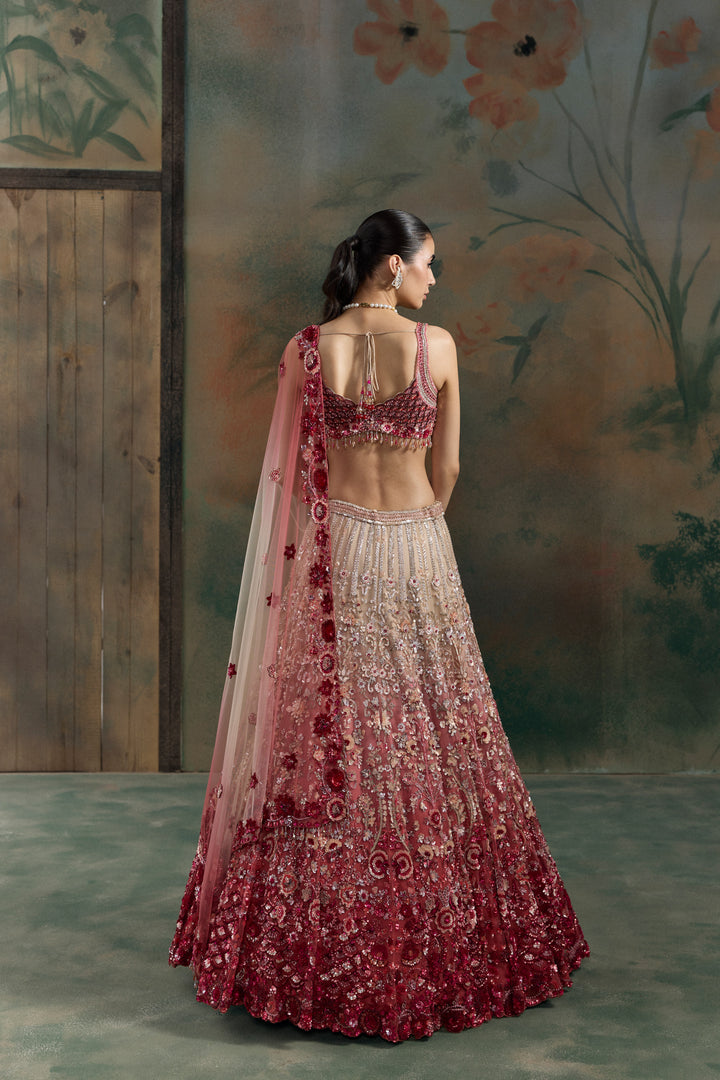 RED PEACH OMBRE VELORA LEHENGA SET