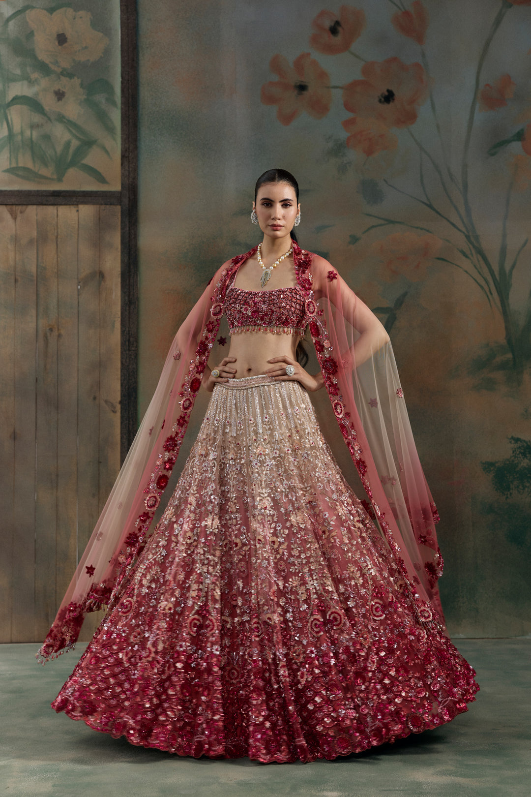 RED PEACH OMBRE VELORA LEHENGA SET