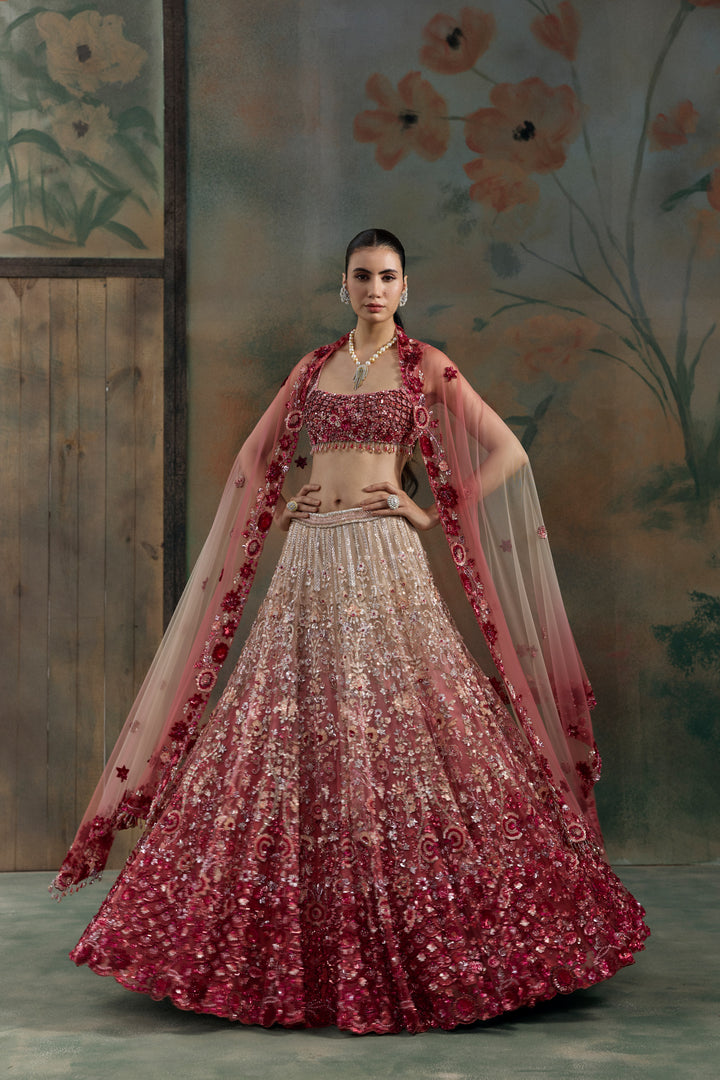 RED PEACH OMBRE VELORA LEHENGA SET