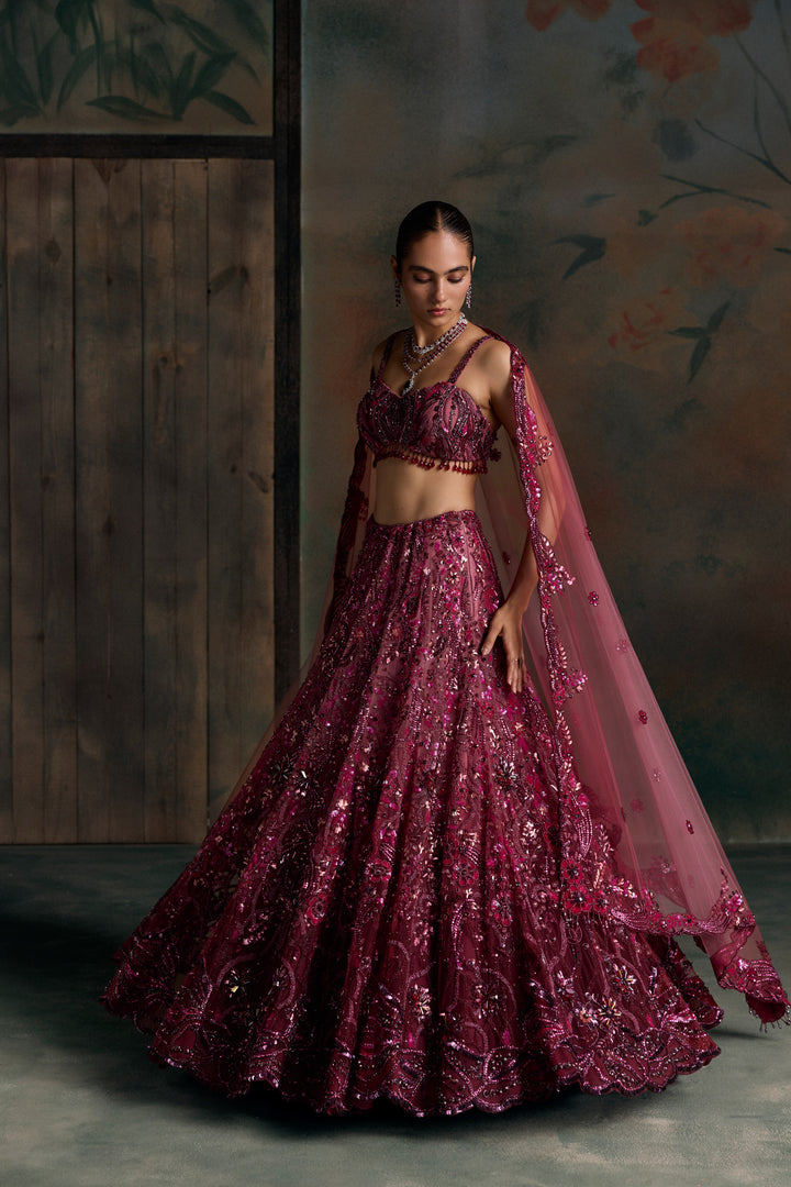 WINE PINK OMBRE CALIGO LEHENGA SET