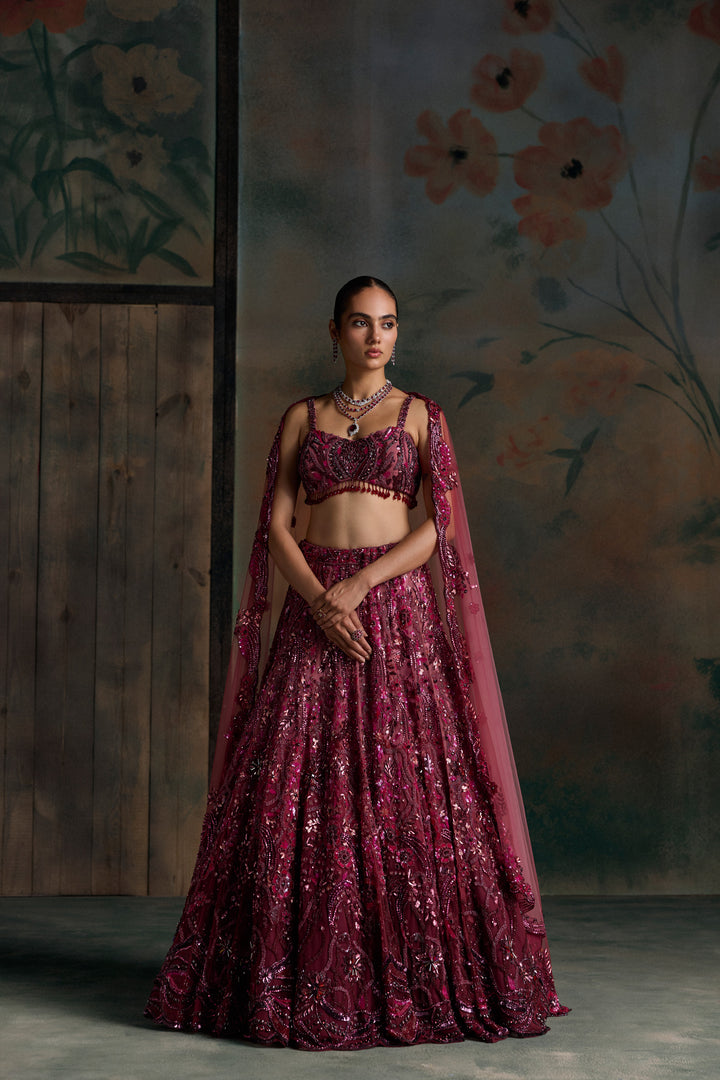 WINE PINK OMBRE CALIGO LEHENGA SET