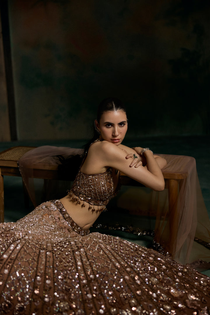 PEACH BROWN OMBRE CENDRA LEHENGA SET