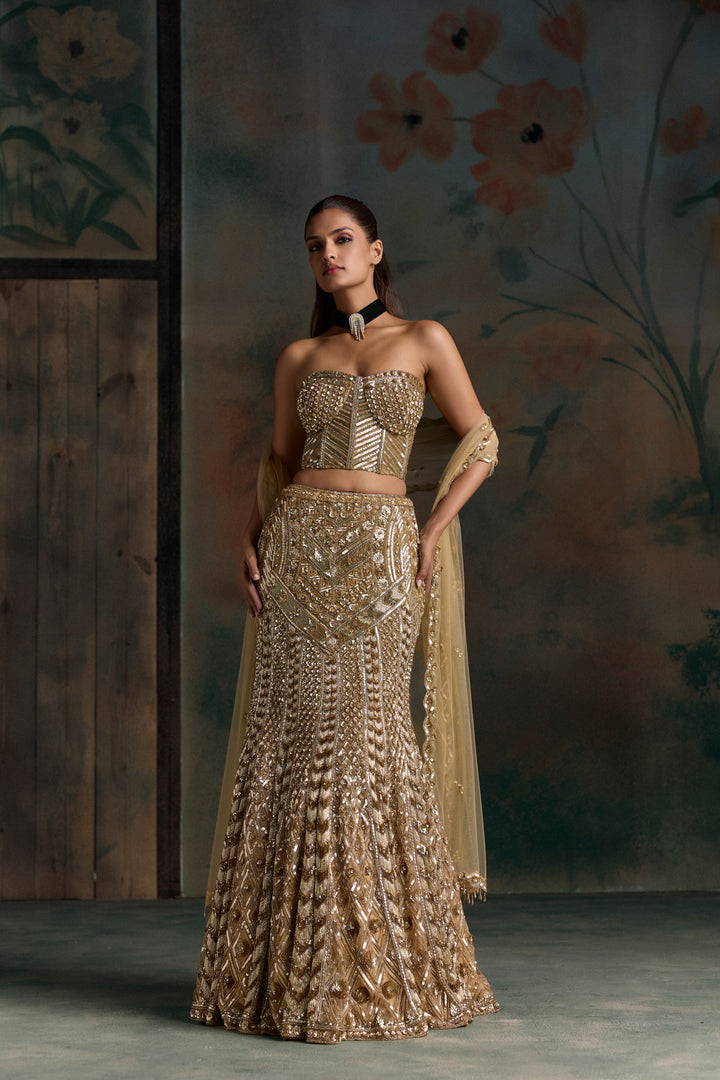 GOLD CORSET LUMEN FISHCUT LEHENGA SET