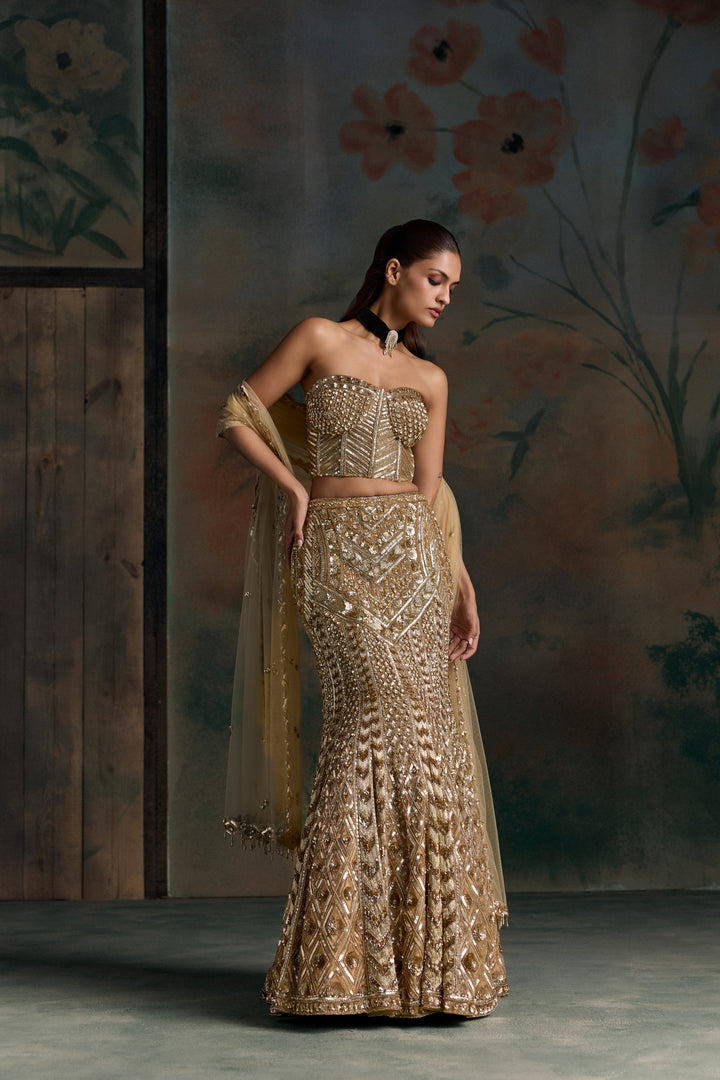 GOLD CORSET LUMEN FISHCUT LEHENGA SET