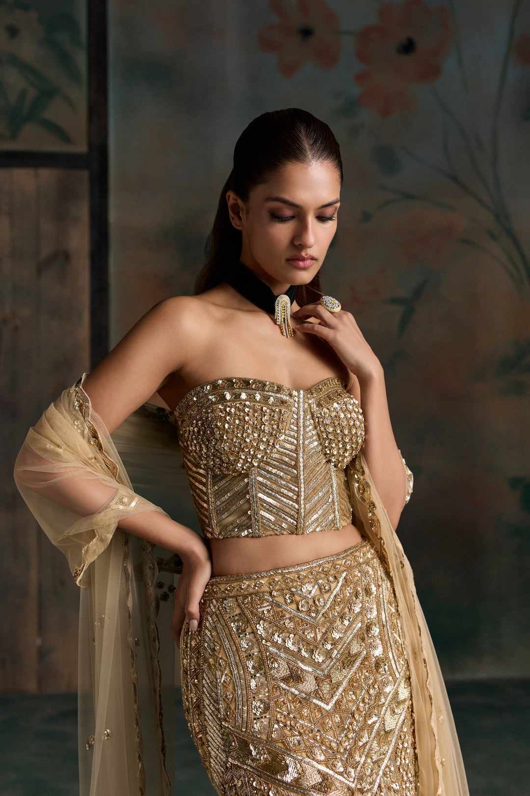 GOLD CORSET LUMEN FISHCUT LEHENGA SET