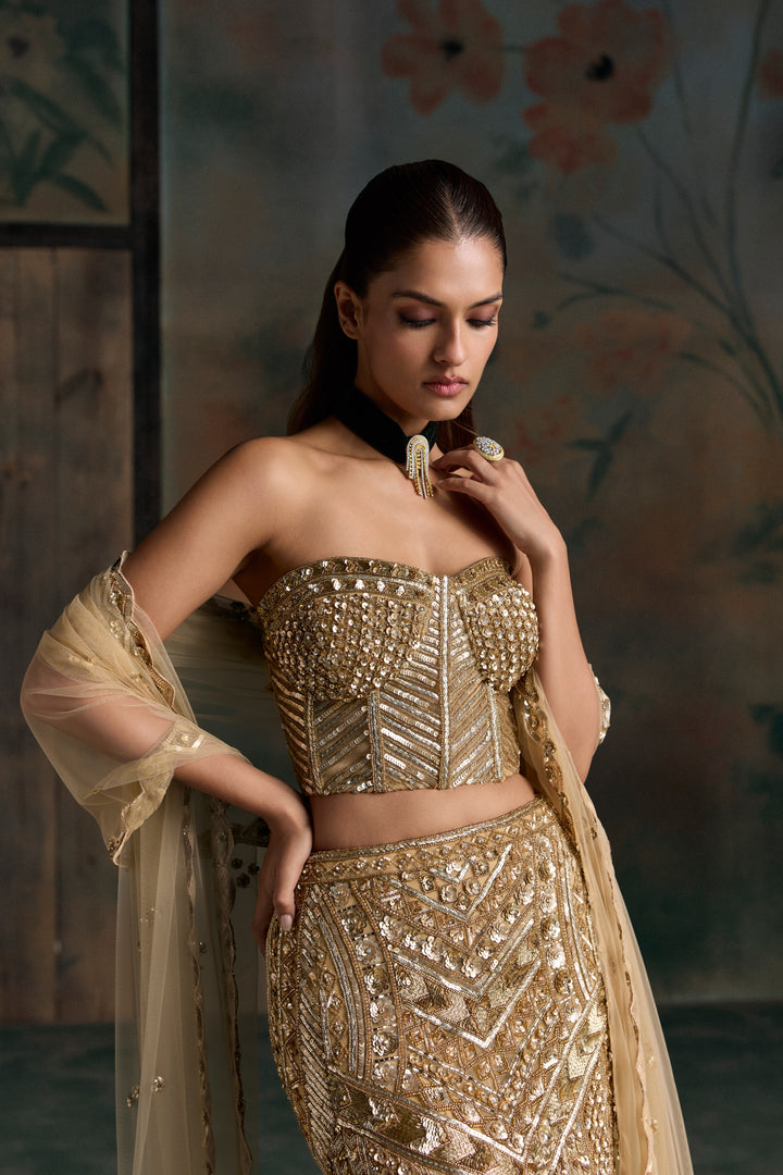 GOLD CORSET LUMEN FISHCUT LEHENGA SET