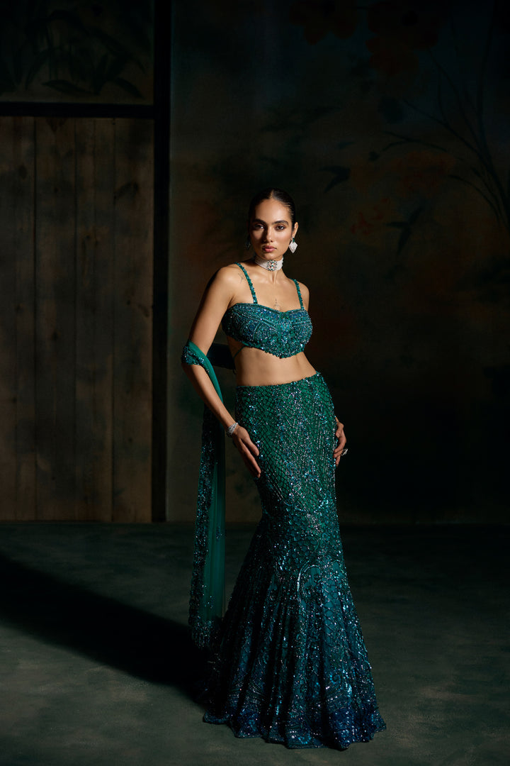 TEAL BLUE OMBRE AERIS FISHCUT LEHENGA SET