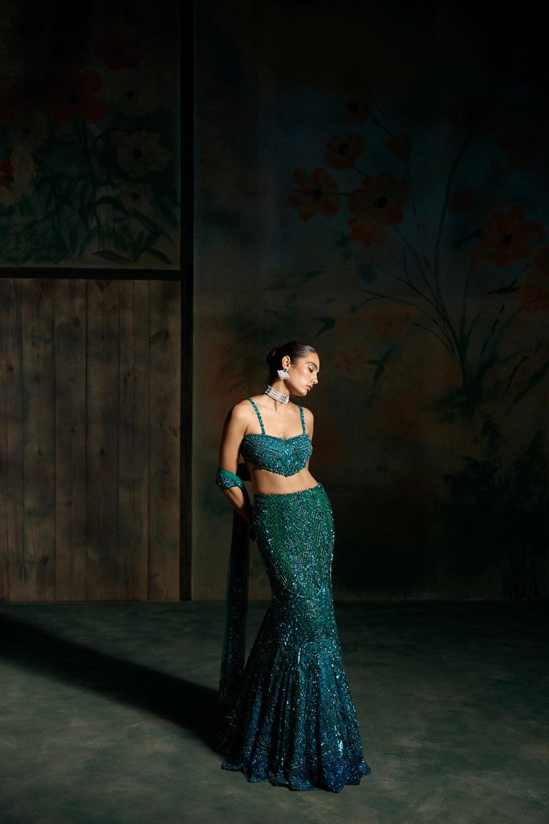 TEAL BLUE OMBRE AERIS FISHCUT LEHENGA SET