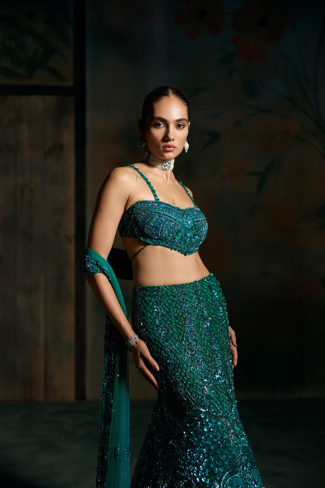 TEAL BLUE OMBRE AERIS FISHCUT LEHENGA SET