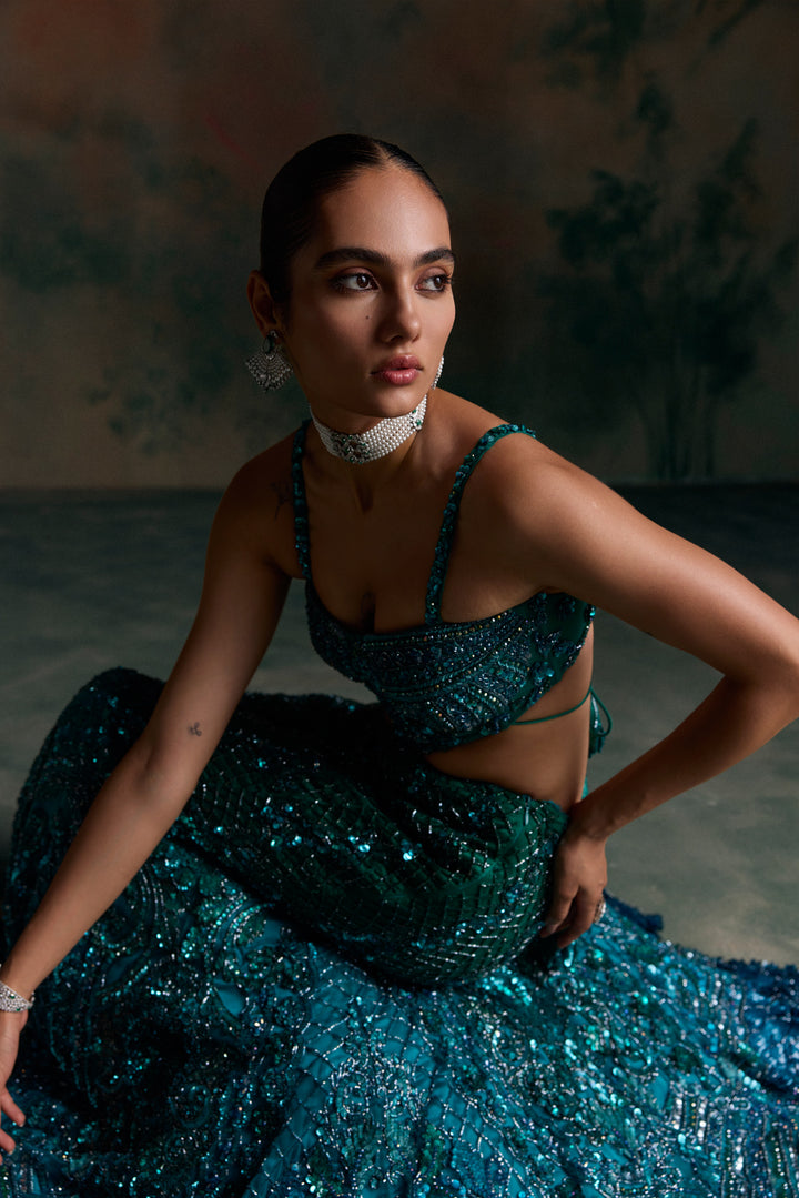 TEAL BLUE OMBRE AERIS FISHCUT LEHENGA SET