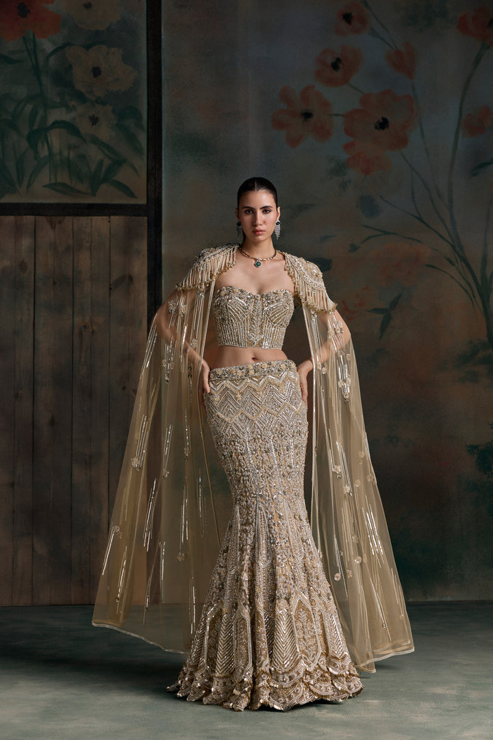 GOLD IVORY CORSET LUCERIS FISHCUT LEHENGA SET