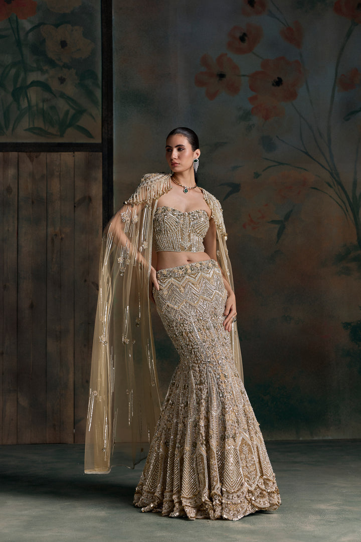 GOLD IVORY CORSET LUCERIS FISHCUT LEHENGA SET