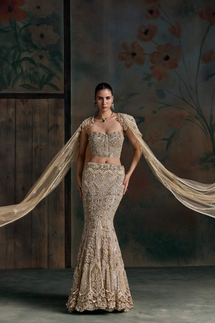GOLD IVORY CORSET LUCERIS FISHCUT LEHENGA SET