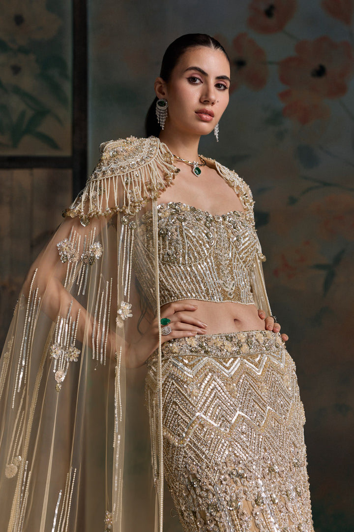GOLD IVORY CORSET LUCERIS FISHCUT LEHENGA SET