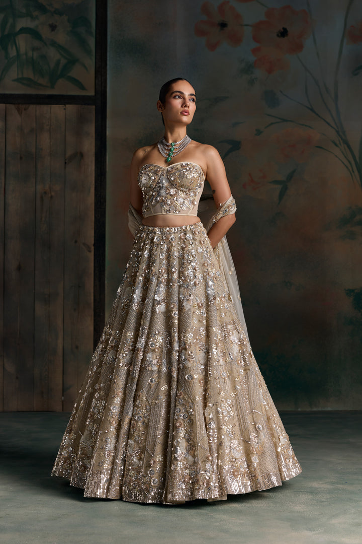 CHAMPAGNE GOLD CORSET NOVAIRE LEHENGA SET