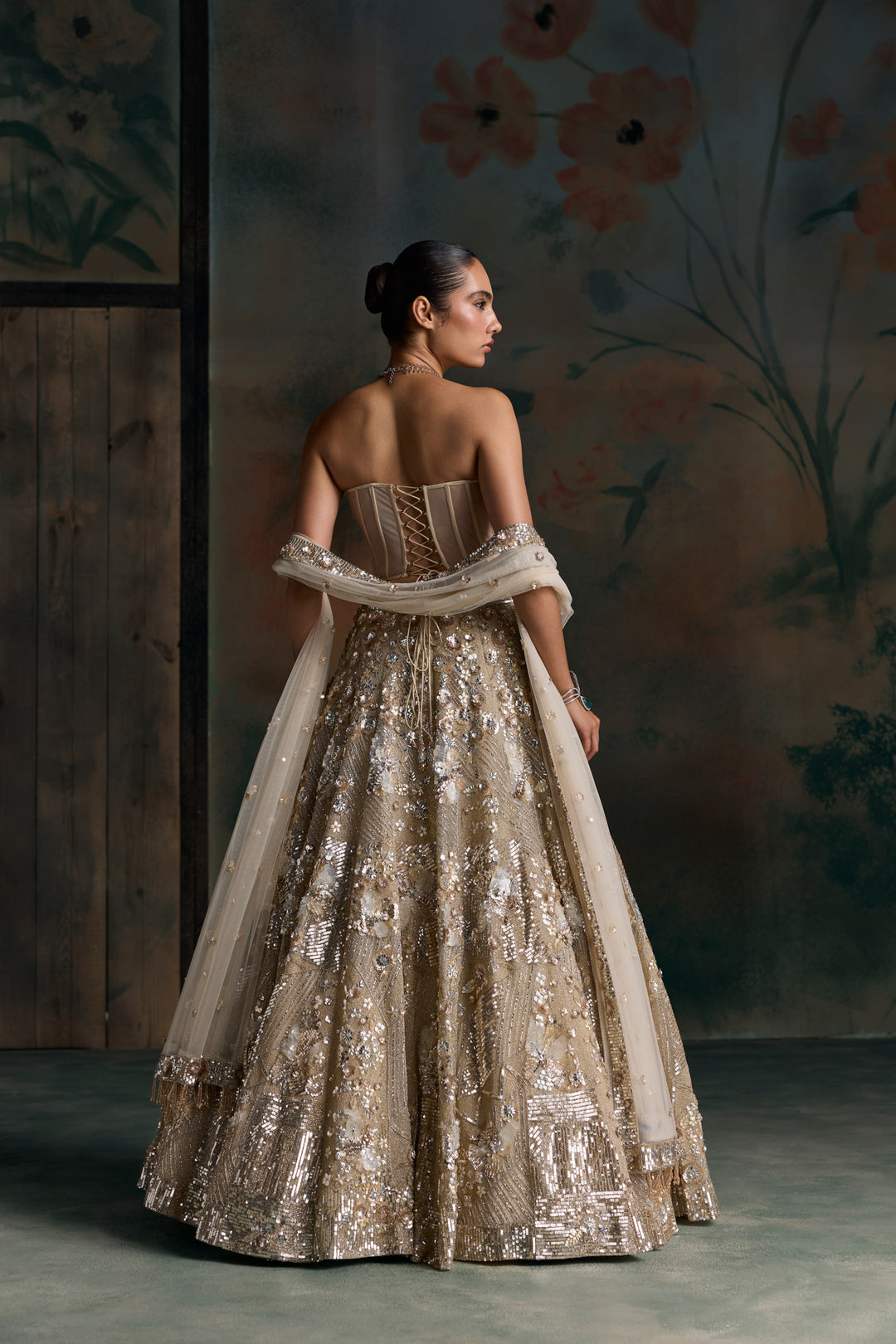 CHAMPAGNE GOLD CORSET NOVAIRE LEHENGA SET