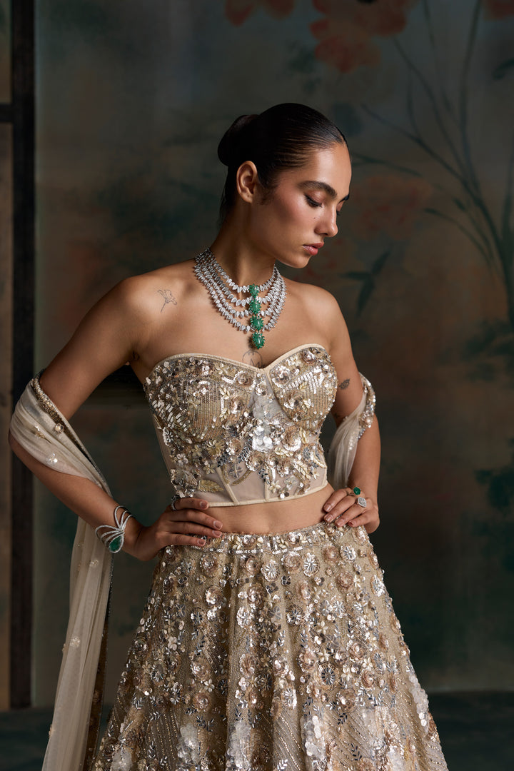 CHAMPAGNE GOLD CORSET NOVAIRE LEHENGA SET