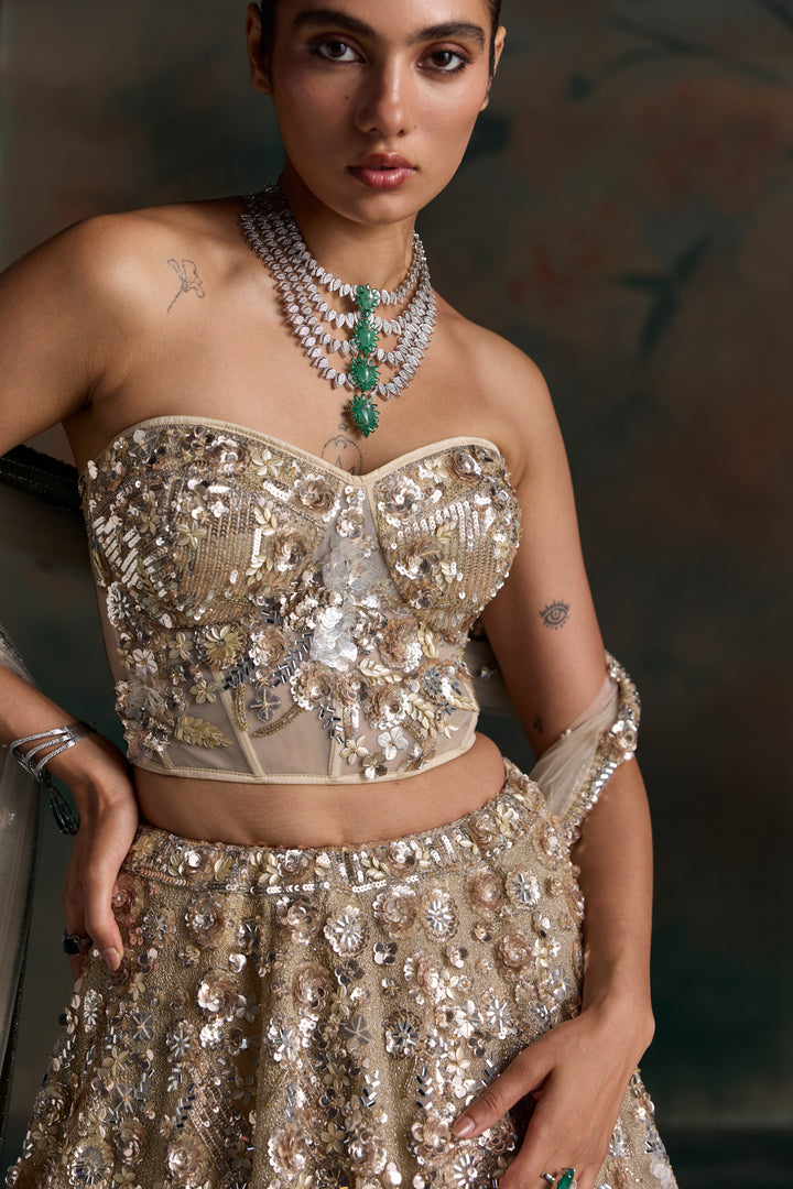 CHAMPAGNE GOLD CORSET NOVAIRE LEHENGA SET