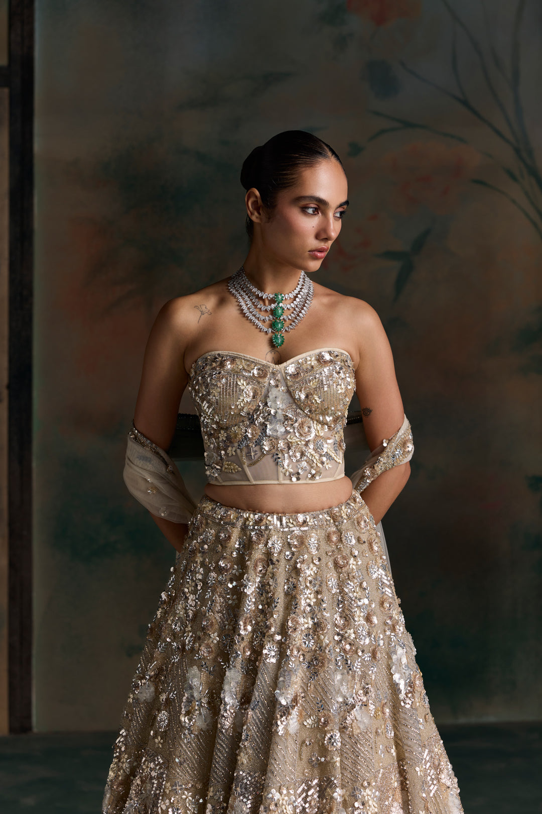 CHAMPAGNE GOLD CORSET NOVAIRE LEHENGA SET