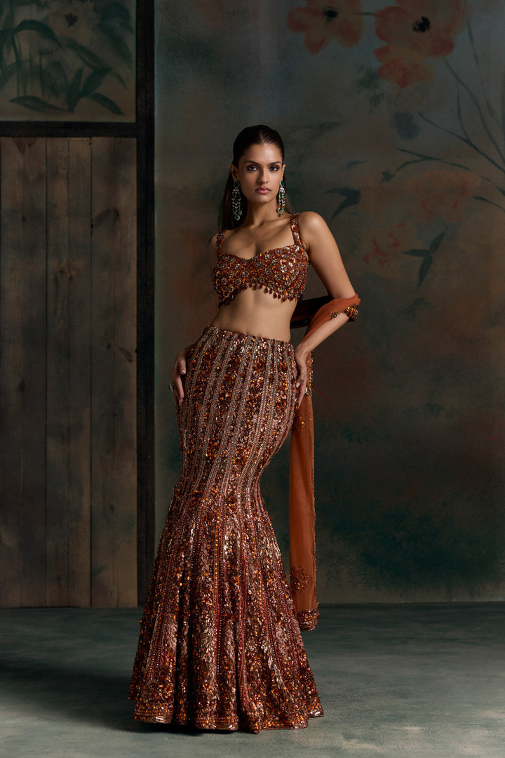 BURNT ORANGE VALEN FISHCUT LEHENGA SET