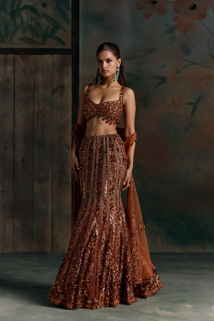 BURNT ORANGE VALEN FISHCUT LEHENGA SET