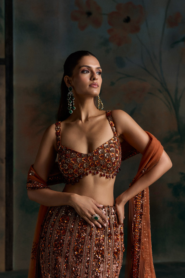 BURNT ORANGE VALEN FISHCUT LEHENGA SET