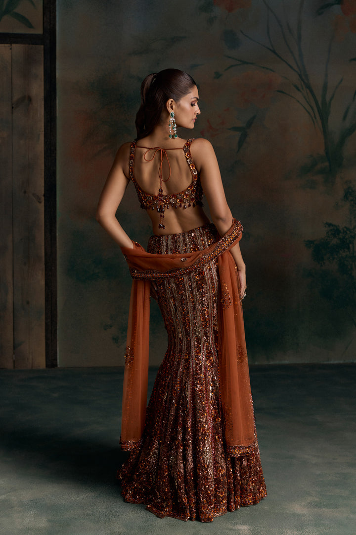 BURNT ORANGE VALEN FISHCUT LEHENGA SET