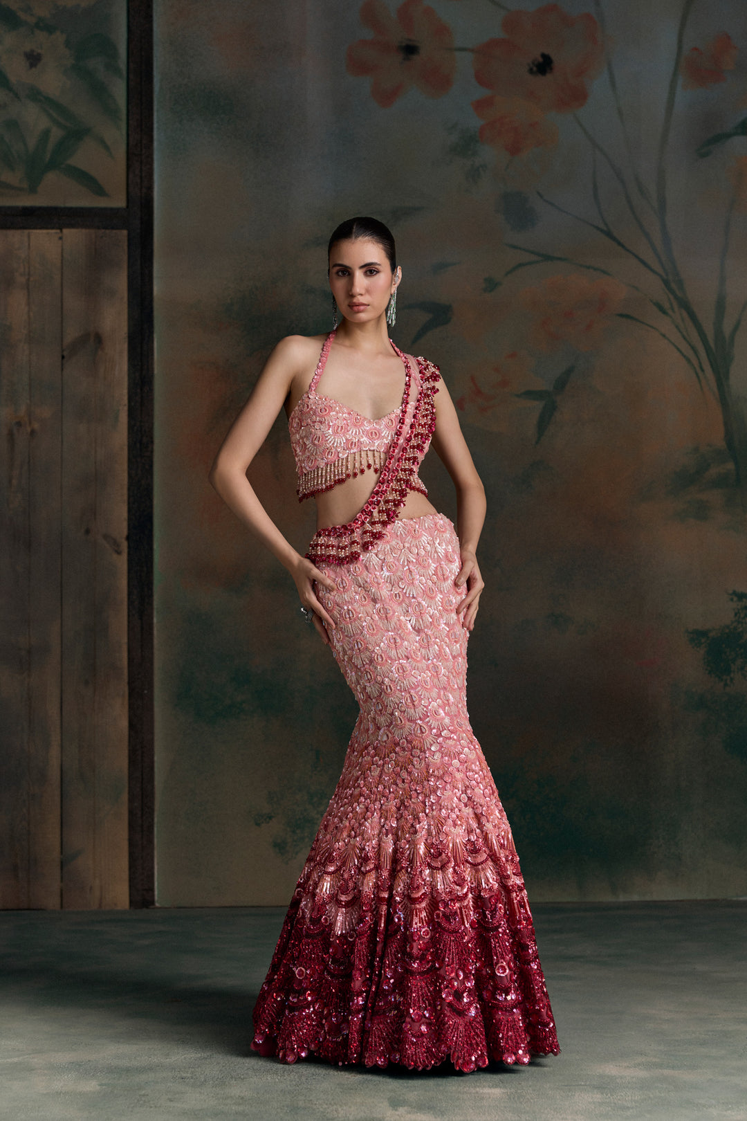 RED PINK OMBRE ELION FISCHUT LEHENGA SET