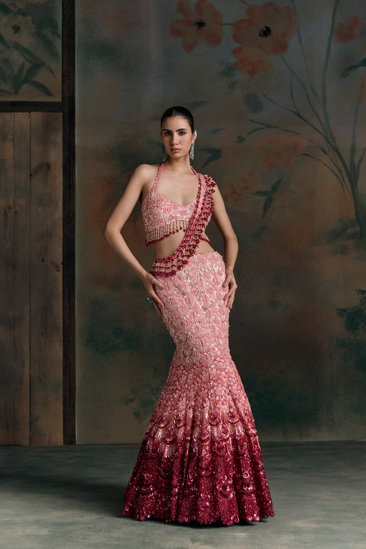 RED PINK OMBRE ELION FISCHUT LEHENGA SET