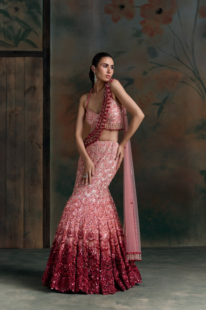 RED PINK OMBRE ELION FISCHUT LEHENGA SET