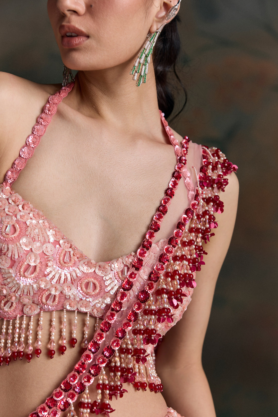 RED PINK OMBRE ELION FISCHUT LEHENGA SET