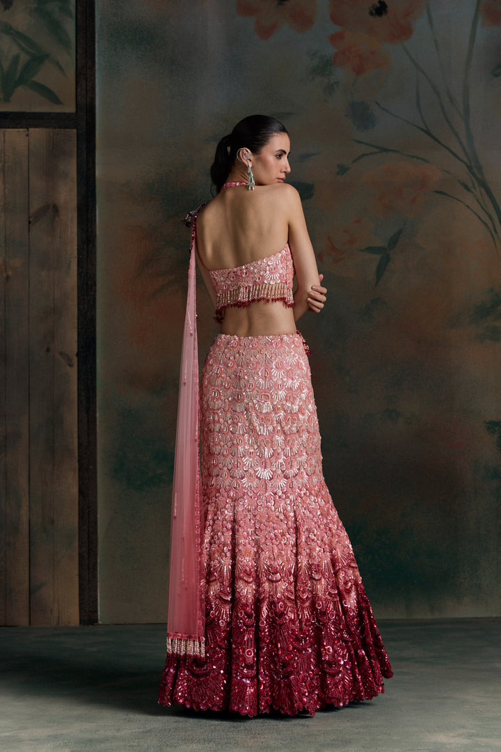 RED PINK OMBRE ELION FISCHUT LEHENGA SET