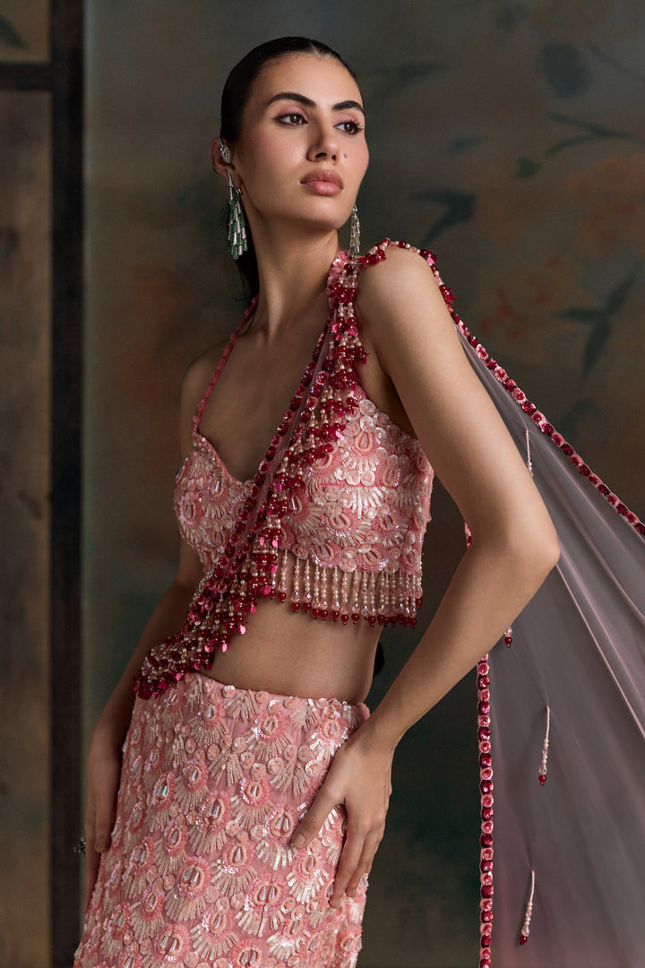 RED PINK OMBRE ELION FISCHUT LEHENGA SET