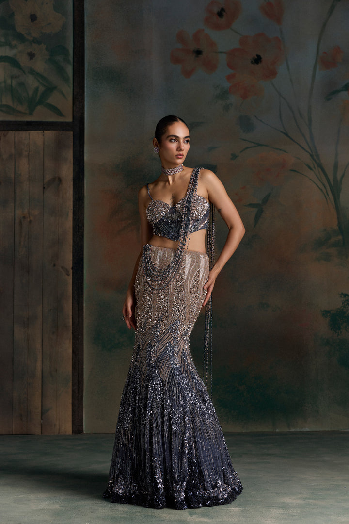 MIDNIGHT BLUE PEACH OMBRE ORIALIS FISHCUT LEHENGA SET