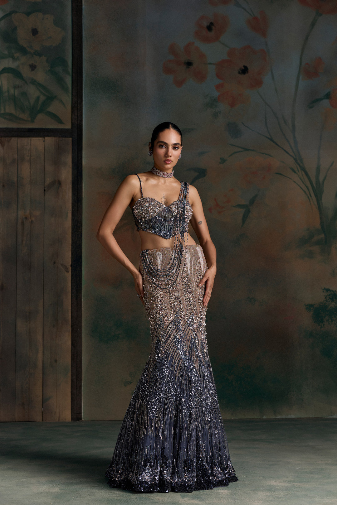 MIDNIGHT BLUE PEACH OMBRE ORIALIS FISHCUT LEHENGA SET