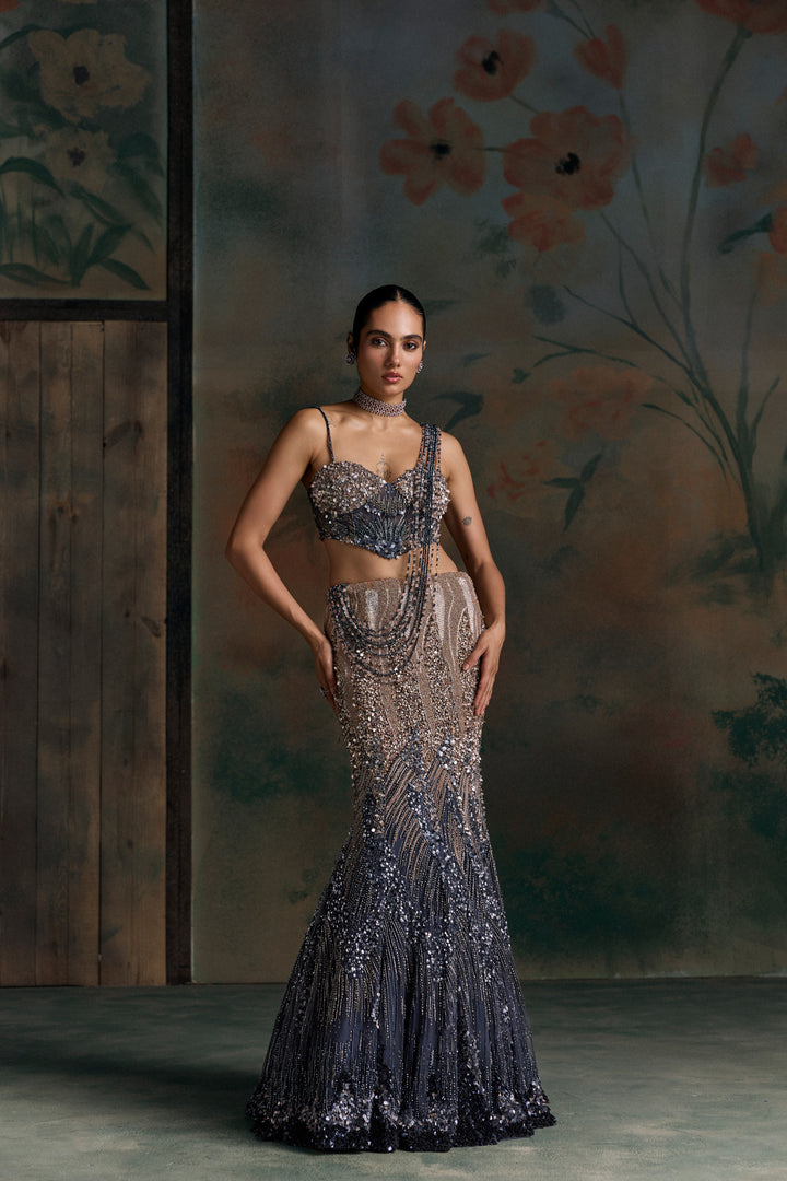 MIDNIGHT BLUE PEACH OMBRE ORIALIS FISHCUT LEHENGA SET