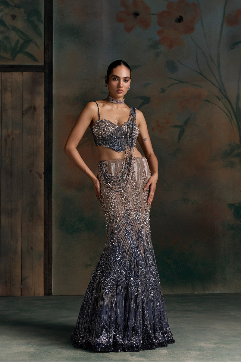MIDNIGHT BLUE PEACH OMBRE ORIALIS FISHCUT LEHENGA SET