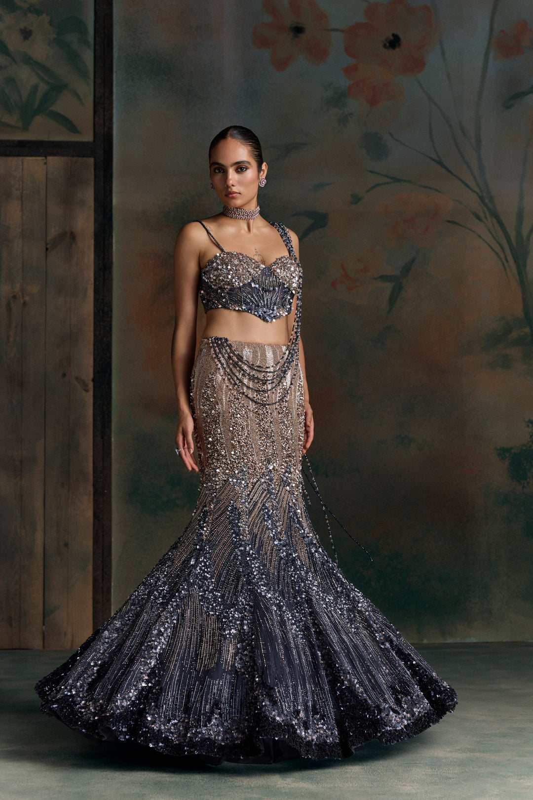 MIDNIGHT BLUE PEACH OMBRE ORIALIS FISHCUT LEHENGA SET