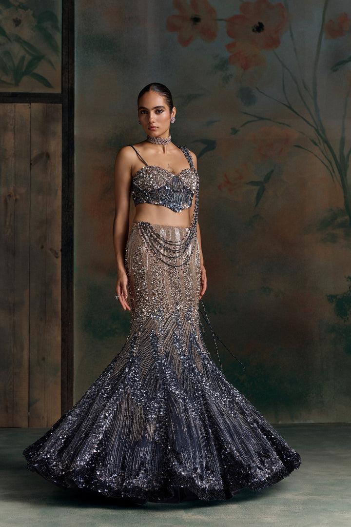 MIDNIGHT BLUE PEACH OMBRE ORIALIS FISHCUT LEHENGA SET