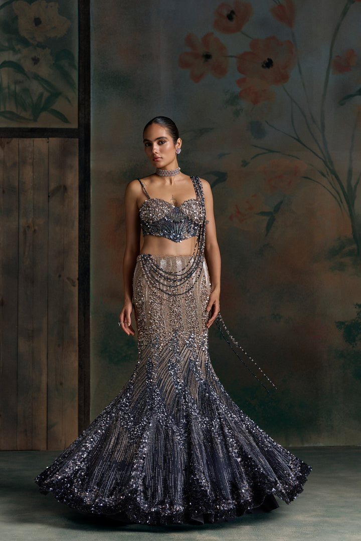 MIDNIGHT BLUE PEACH OMBRE ORIALIS FISHCUT LEHENGA SET